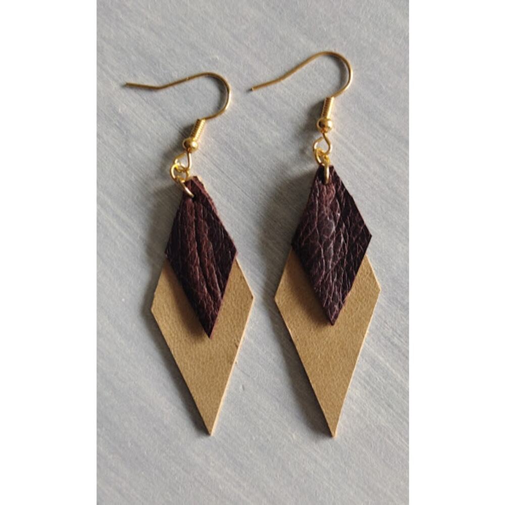 Double Diamond Shaped Leather Earrings, Brown & Tan with Gold Hardware
